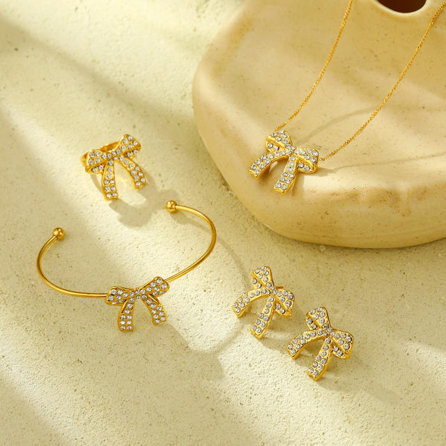 Sweet cz bow stainless steel necklace bangle earrings set