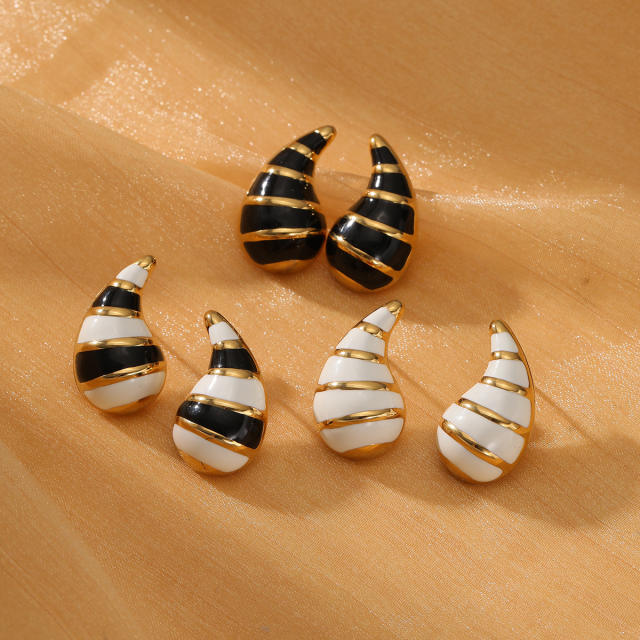 Elegant black white enamel chunky waterdrop stainless steel earrings