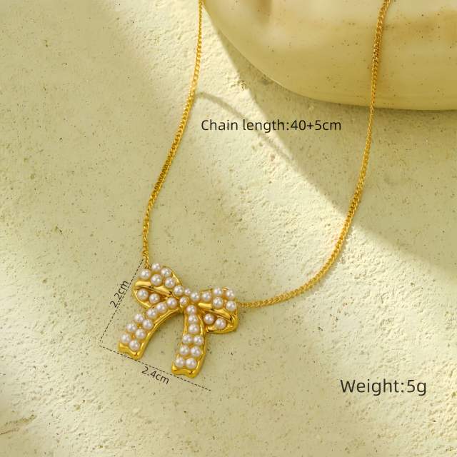 Sweet pearl beaded bow stainless steel necklace set
