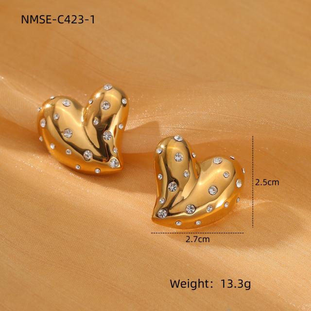 18KG diamond heart chunky stainless steel earrings