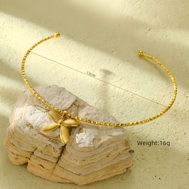 Personality easy match sweet bow charm stainless steel cuff choker necklace