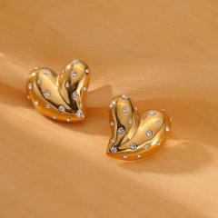 18KG diamond heart chunky stainless steel earrings