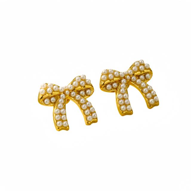 Sweet pearl beaded bow stainless steel necklace set