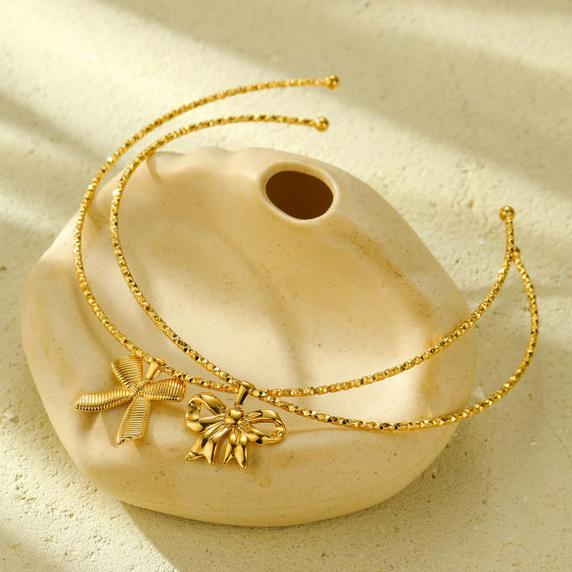 Personality easy match sweet bow charm stainless steel cuff choker necklace