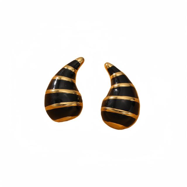 Elegant black white enamel chunky waterdrop stainless steel earrings
