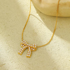 Sweet pearl beaded bow stainless steel necklace set