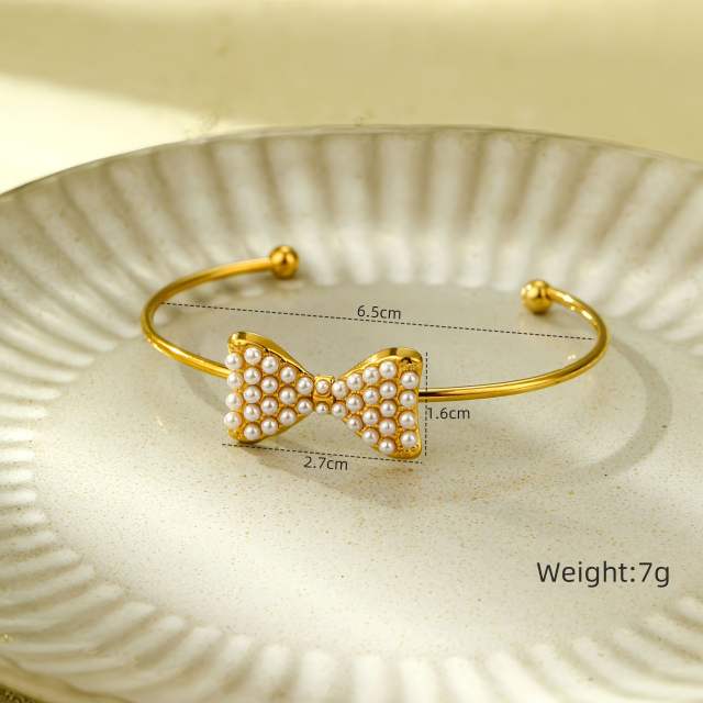 Sweet pearl bead bow stainless steel necklace earrings set