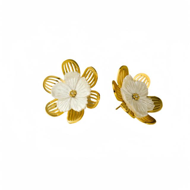 Concise 18KG hollow out stereo flower petal stainless steel earrings