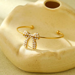 Sweet pearl beaded bow stainless steel necklace set