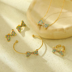 Sweet rainbow cz bow stainless steel necklace set