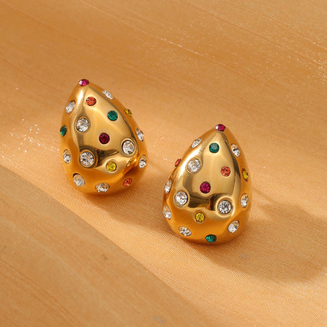 18KG rhinestone setting chunky waterdrop stainless steel earrings