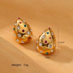18KG rhinestone setting chunky waterdrop stainless steel earrings
