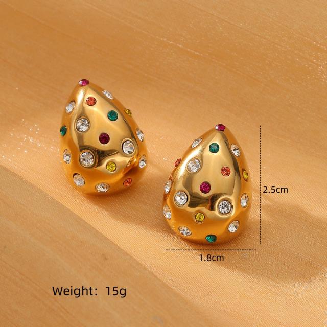 18KG rhinestone setting chunky waterdrop stainless steel earrings