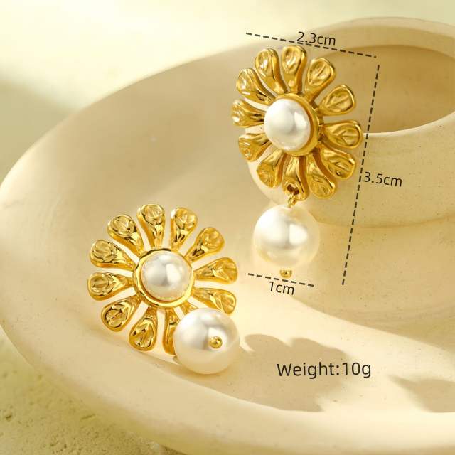 Elegant sunflower pearl stainless steel dangle earrings