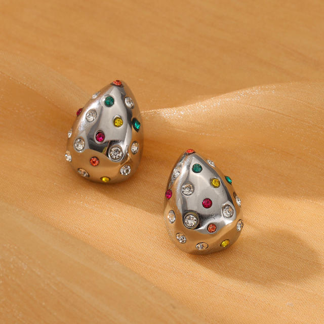 18KG rhinestone setting chunky waterdrop stainless steel earrings