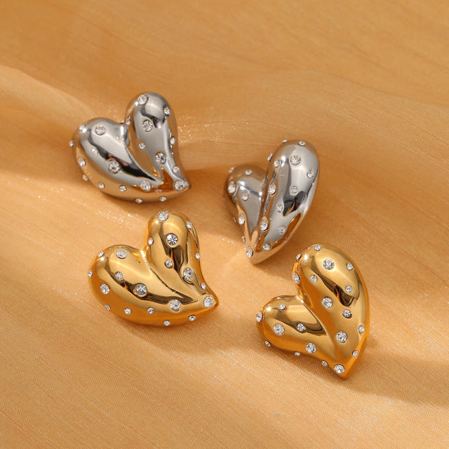 18KG diamond heart chunky stainless steel earrings