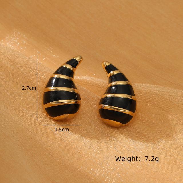 Elegant black white enamel chunky waterdrop stainless steel earrings