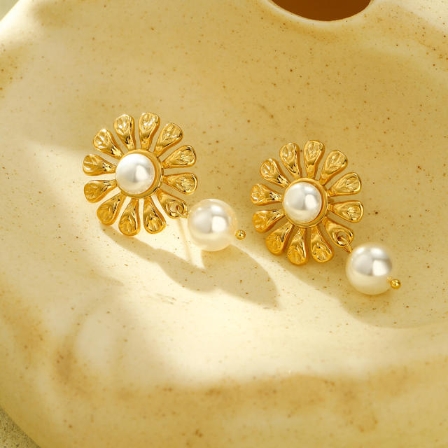 Elegant sunflower pearl stainless steel dangle earrings