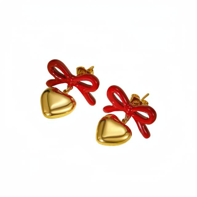 18KG color enamel sweet bow heart dangle stainless steel earrings