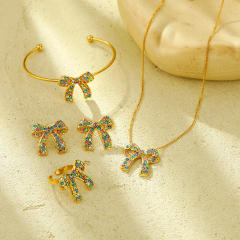 Sweet rainbow cz stainless steel bow necklace set