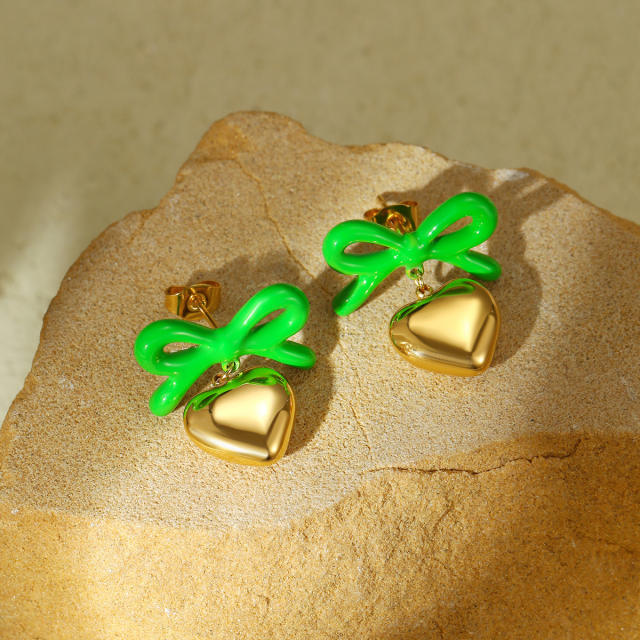 18KG color enamel sweet bow heart dangle stainless steel earrings