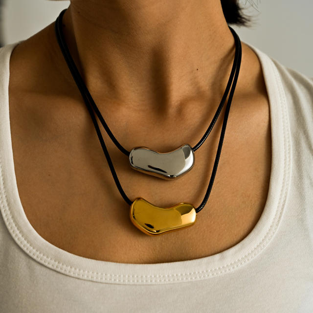 18KG chunky geometric pendant black PU leather stainless steel necklace