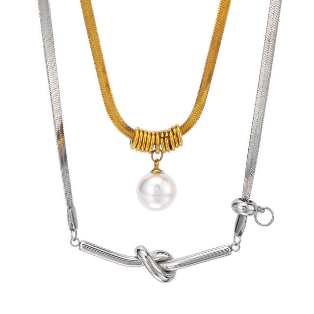 18KG personality knot pearl pendant stainless steel necklace