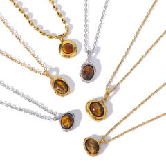 Creative vintage tiger eye stone pendant dainty stainless steel necklace