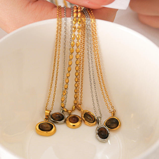 Creative vintage tiger eye stone pendant dainty stainless steel necklace