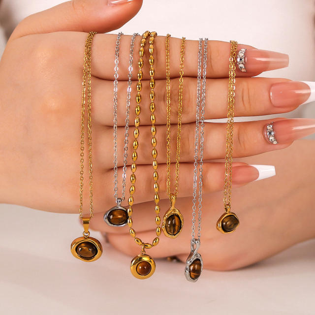 Creative vintage tiger eye stone pendant dainty stainless steel necklace