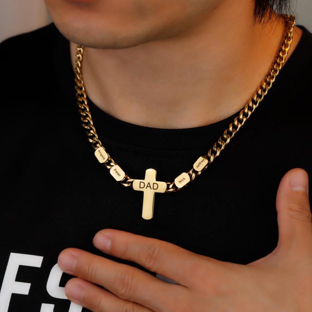 Hiphop cuban link chain cross pendant engrave letter necklace for men