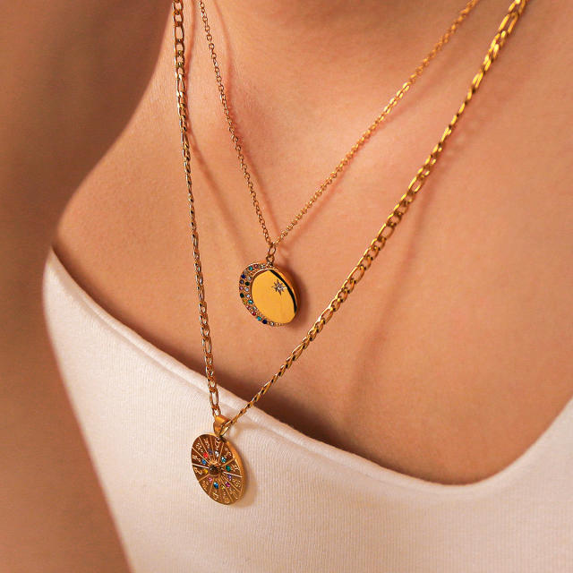 Delicate diamond round pendant zodiac pendant stainless steel necklace