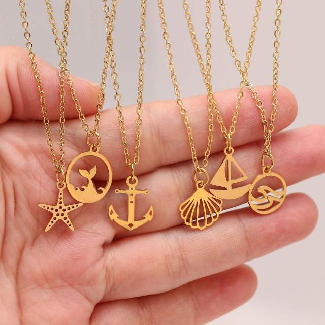 Dainty summer starfish shell anchor pendant stainless steel necklace