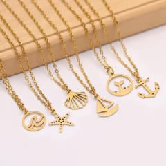 Dainty summer starfish shell anchor pendant stainless steel necklace
