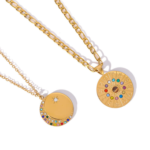 Delicate diamond round pendant zodiac pendant stainless steel necklace