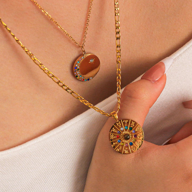 Delicate diamond round pendant zodiac pendant stainless steel necklace