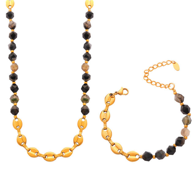 Vintage irregular shape natural stone bead stainless steel chain necklace set