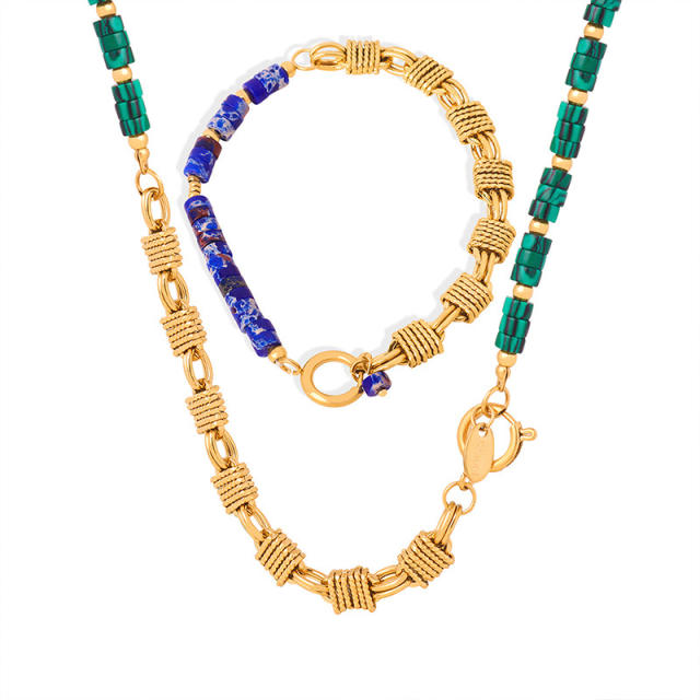 Natural stone colorful gold plated  copper chain necklace bracelet set
