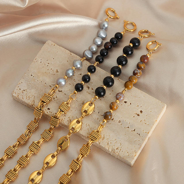 Natural stone bead gold plated copper chain bracelet