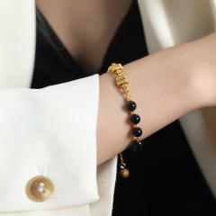 Natural stone bead gold plated copper chain bracelet