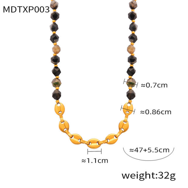 Vintage irregular shape natural stone bead stainless steel chain necklace set