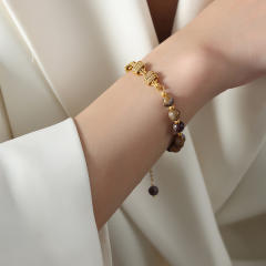 Natural stone bead gold plated copper chain bracelet