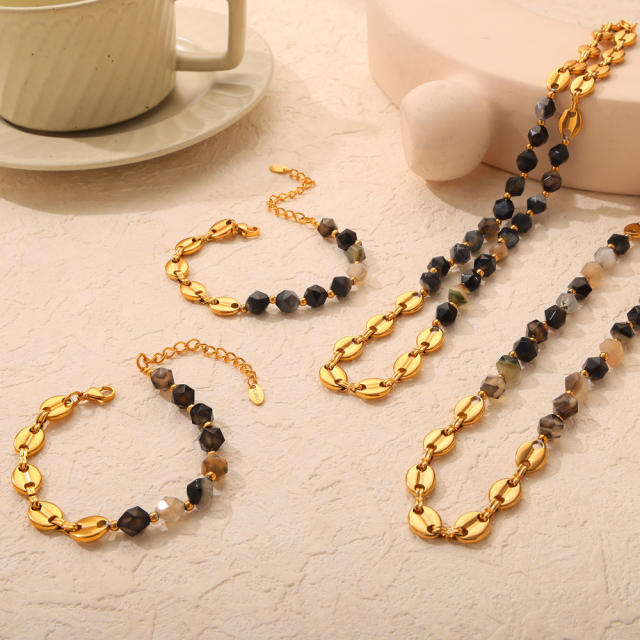 Vintage irregular shape natural stone bead stainless steel chain necklace set