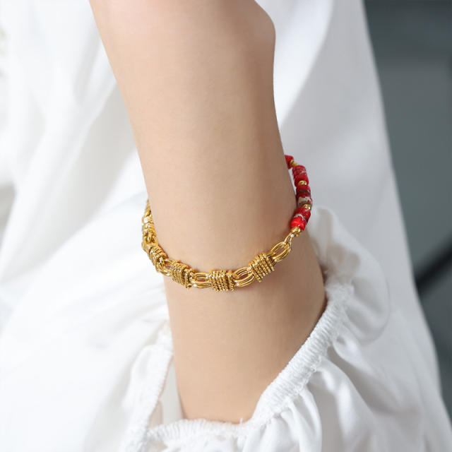 Natural stone colorful gold plated  copper chain necklace bracelet set