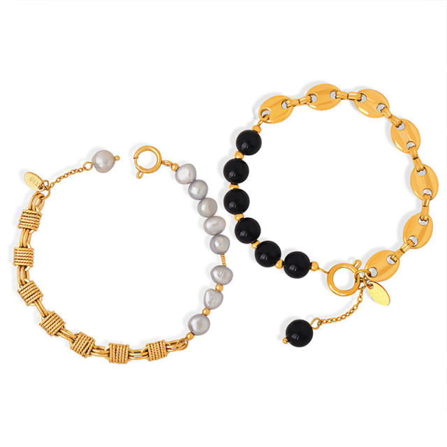 Natural stone bead gold plated copper chain bracelet