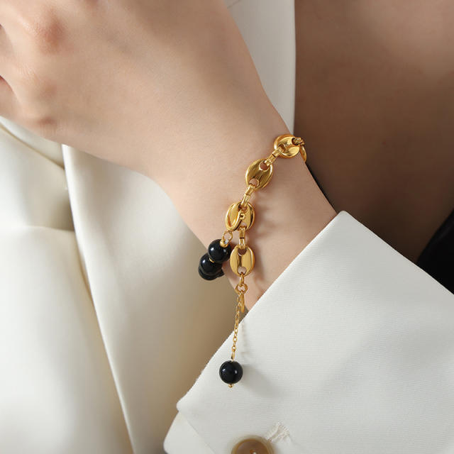Natural stone bead gold plated copper chain bracelet