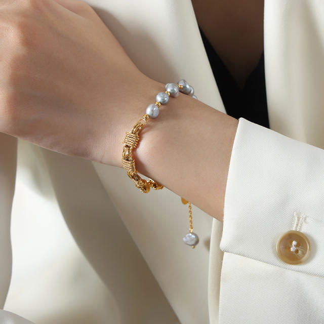 Natural stone bead gold plated copper chain bracelet
