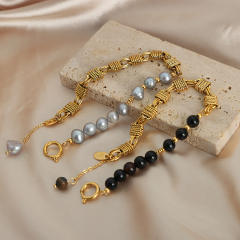 Natural stone bead gold plated copper chain bracelet