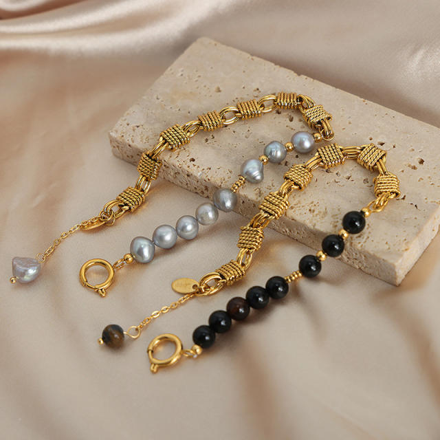 Natural stone bead gold plated copper chain bracelet