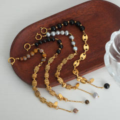 Natural stone bead gold plated copper chain bracelet